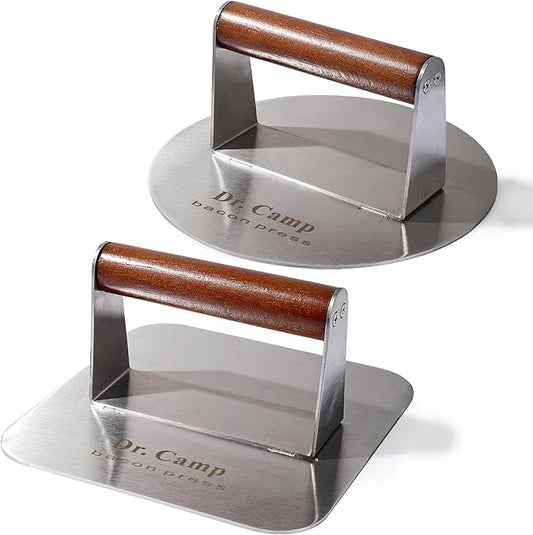 Smash Burger Press 7 Inch, Heavy Duty Stainless Steel Burger Press with Wood Handle, Flat Grill Press for Smash Burgers, Bacon, Griddle & BBQ (Round+Square)