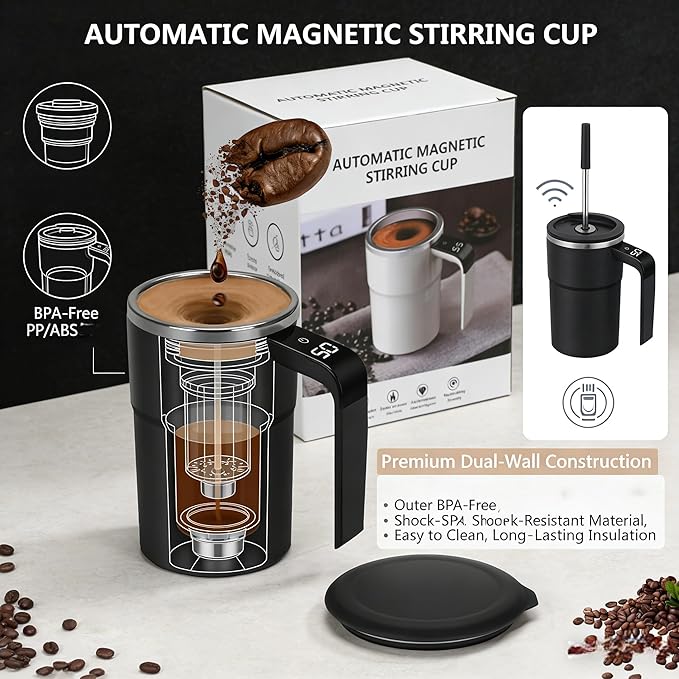 Electric Coffee Mug with a Built-In Lcd Thermometer, 13oz Automatic Self Stirring Coffee Mug, Perfect for Brewing Milk, Cocoa, Etc (Pink)
