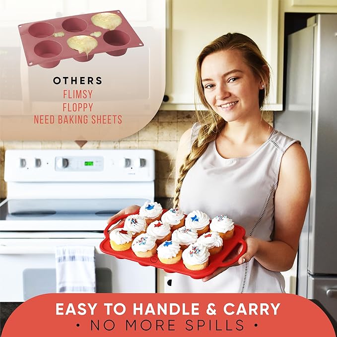 BAKE BOSS 12-Cup Silicone Mini Muffin Pans for Baking with Metal Handles – Nonstick Silicone Cupcake Molds For Baking, Eggs & Cupcakes – BPA-Free, Dishwasher Safe, Red
