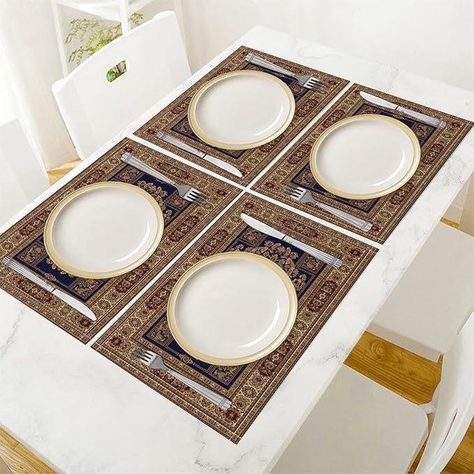 Boho Ethnic Placemats Vintage Brown Flower Country Style Art Printed Dining Table Mats Set of 4 for Restaurant Home Kitchen Holiday Picnic Party Decor 12x18in