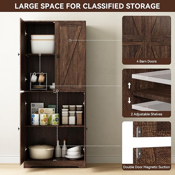 Kitchen Pantry Cabinet, 72” Tall Farmhouse Storage Cabinet with 4 Barn Doors and Adjustable Shelves, Pantry Storage for Kitchen, Living Room, Brown