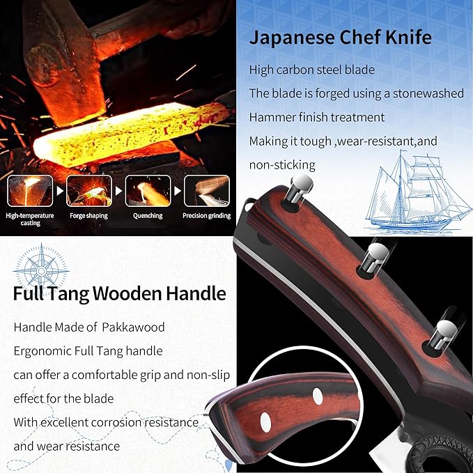 XYJ Knife Block Set, Professional Kitchen Knife Set with Magnetic Knife Block, Cutting Board, Honing Steel, High-Carbon Steel forged Blades, Chef's Knife, Cleaver, Carving Knife, Full Tang Design