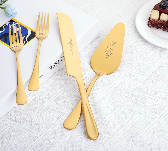 Wedding Cake Knife and Server Set, Cake Cutting Set for Wedding Gifts (Gold)