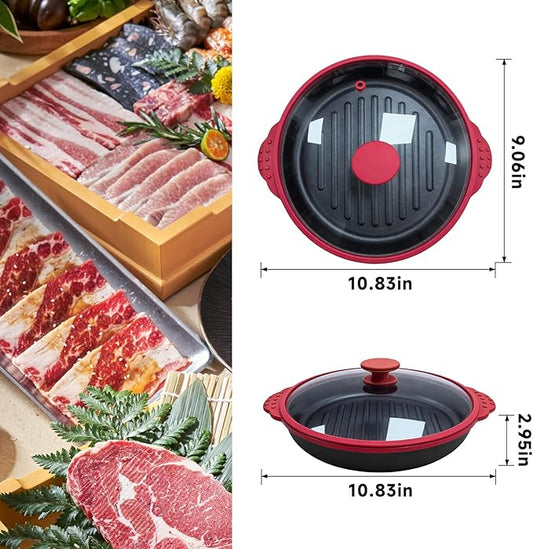 Microwave Grill Pan With Cover, Microwave Bacon Cooker, Portable Microwave Cookware For Grill Meat, Sandwich & Vegetable Dishwasher Safe (Round-Red-Glass Lid)