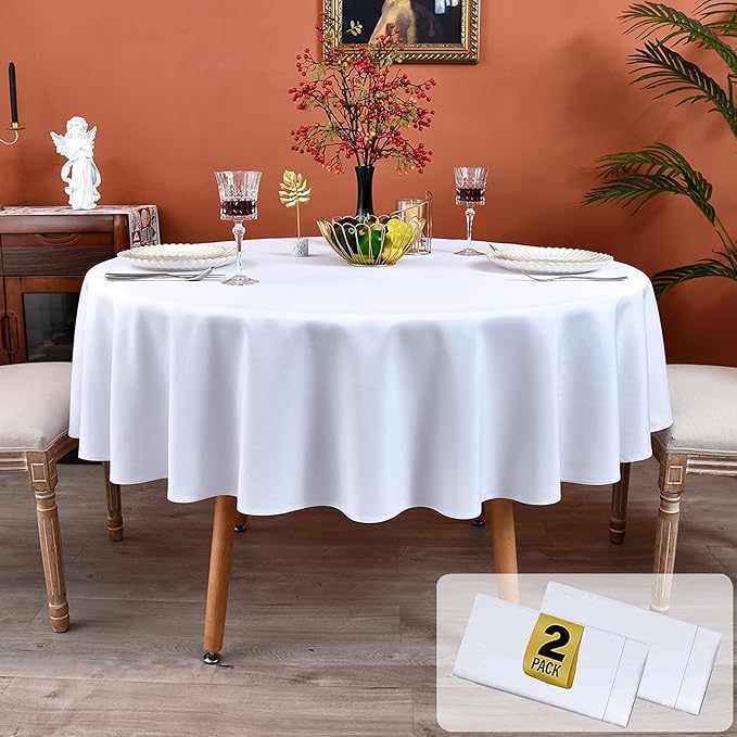 MEANMOY 2 Pack White 210 GSM Water & Stain Resistant Round Tablecloth - Solid 70 Inch Circle Table Cloth Cover in Wrinkle Free Washable Wipe Clean Polyester for Wedding, Party, Banquet (2 Pcs)