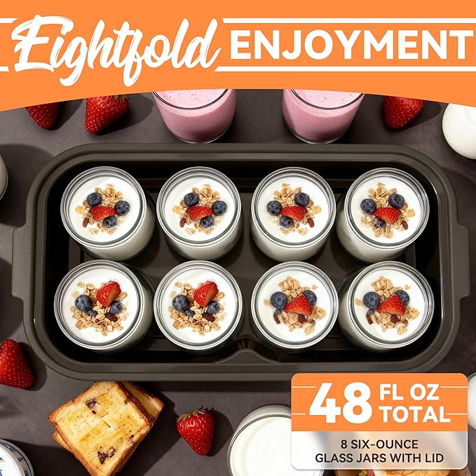 Yogurt Maker Machine, 8 Glass Jars with Lids Reusable for Yoghurt, Oatmeal, Pudding, or Jello, Food-Grade Martial, One-touch Control, Homemade Yogurt
