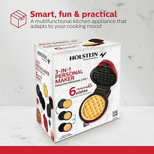 Holstein Housewares 3-IN-1 Personal Maker with Indicator Light, Griddle & Waffle Maker, Non-Stick Coating Plates, 2 waffle plates, 2 grill plates & 2 flat plates. Even Heating, Lightweight