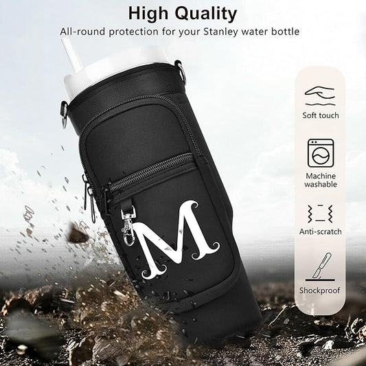 LOKASS Personalized Water Bottle Holder with Strap for Stanley Cup Accessories 40 oz Tumbler, Initial Water Bottle Carrier Bag/Phone Pocket, Mother's Day/Birthday Gifts for Women/Girls
