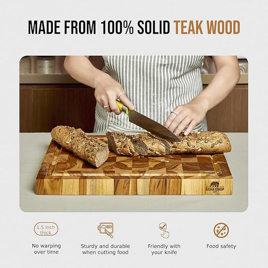 Bearchop Teak Cutting Boards for Kitchen, [17" x 13" x 1.5"] Medium End Grain Cutting Boards, Solid Teak Wood Butcher Block Cutting Board with Juice Grooves and Handle, Knife Friendly and Reversible