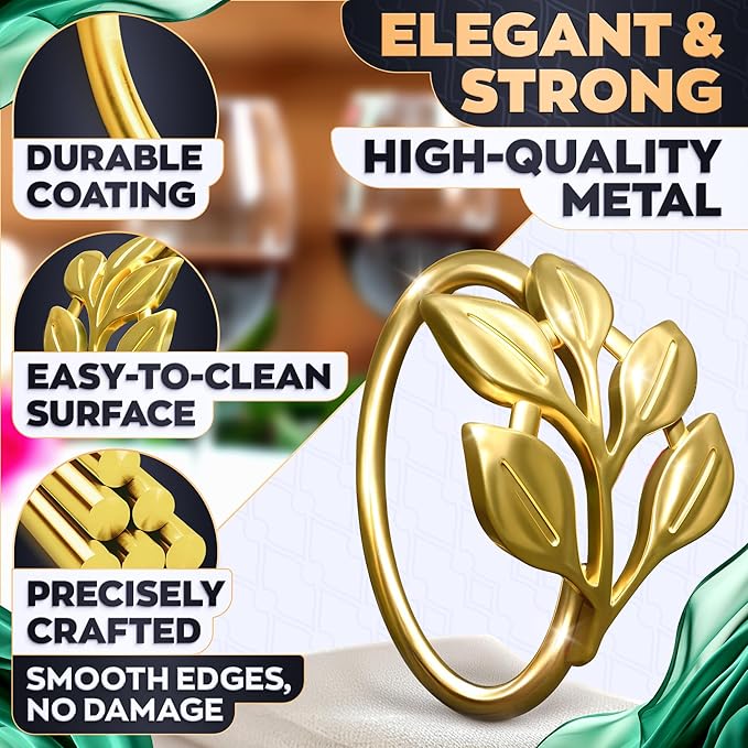 Easter Gold Napkin Rings Set of 12 - Gold Leaf Napkin Rings Set | Elegant Design Napkin Ring Holders for Easter Table Decorations, Festive Dinners, Special Events & Holidays, Kitchen Gifts for Hosts