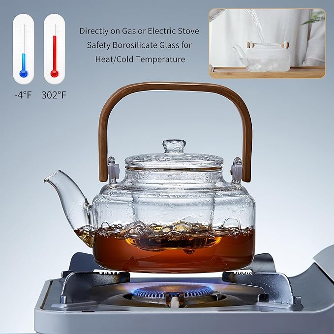 Glass Tea Pot with Infuser and Lid 800ML/27 FL OZ, Heat Resistant Borosilicate Glass Tea Kettle for Blooming and Loose Leaf Tea, Stovetop Safe