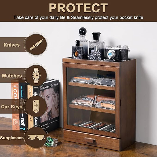 Singlispark Pocket Knife Display Case for 25 Knives, Large Wooden knife Cases for Collections, Vertical Knife Storage Case with Acrylic transparent panel for Men Gifts (Walnut)