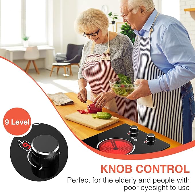 2 Burner Electric Cooktop - 12" Infrared Electric Stove Top with Knob Control, Countertop & Built-in, 2100W Ceramic Electric Hot Plate with 9 Power Levels, Child Lock, Timer, Residual Heat Warning