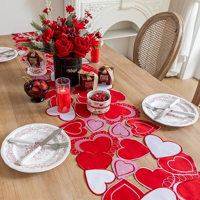 Valentines Day Table Runner, Embroidered Sweet Red Love Heart Table Runners, for Mother’s Day, Wedding Anniversary, Marriage Proposals, Engagements, Romantic Events Parties Decoration (14 ×33 inch)