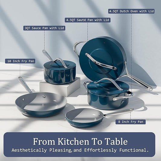 Ceramic Cookware Set Nonstick Pots and Pans Set with Lid PFAS-Free Non Toxic Cookware Set with Advanced G7 Ceramic Coating, Oven Safe Up To 500°F, Quick & Even Heat Distribution, Navy Blue
