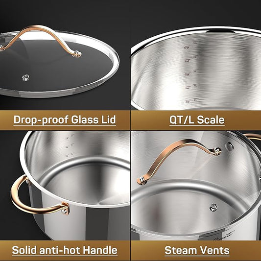 Ciwete Stock Pot 12 Quart, 18/10 Tri-Ply Stainless Steel All Clad Stock Pot with Lid, Seamless 12 QT Cooking Pot with Copper Handle, Healthy Stockpots, Induction, Gas, Oven and Dishwasher Safe