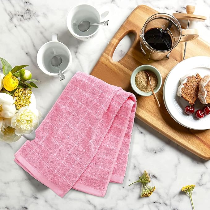 Mordimy 100% Cotton Terry Cloth Kitchen Towels, Super Soft and Absorbent Dish Towels for Drying, Checkered Designed Hand Towels for Kitchen, 16 x 26 Inches, 6 Pack, Pink