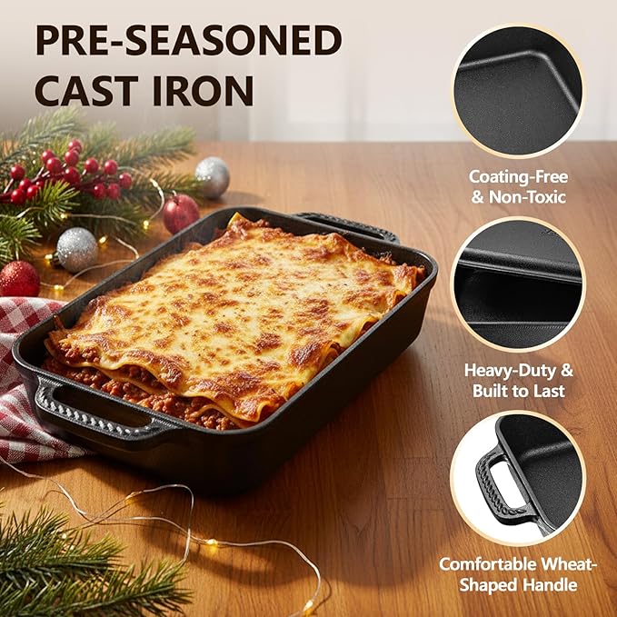 Lvmol 9x13" Casserole Dishes for Oven with Lids - 2-In-1 Pre-Seasoned Cast Iron Baking Dish for Lasagna, Sourdough Bread
