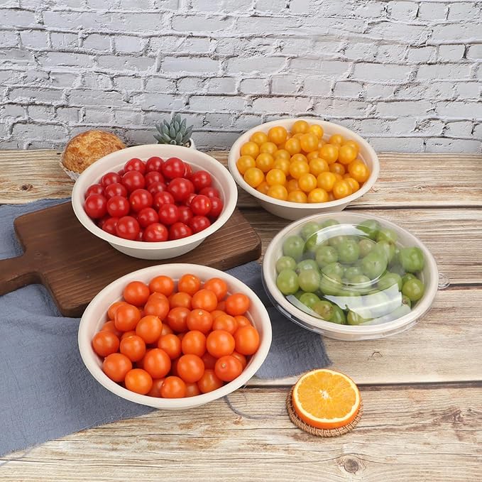 JAYEEY 32 oz Disposable salad bowls with lids, Sugarcane Fiber Paper Bowls take away food containers Plant Fibers Freezer Safe 50 Pack