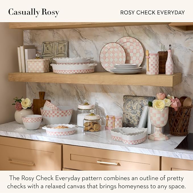 MACKENZIE-CHILDS Everyday Oval Casserole Baker, Cute Oven Baker, Small, Pink-and-White Rosy Check