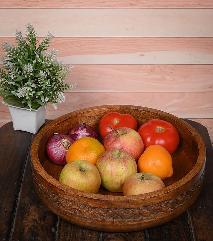 EDHAS Mango Wood Decorative Round Carved Bowl for Decoration, Centerpiece Bowl for Table (10" x 10" x 2.5")