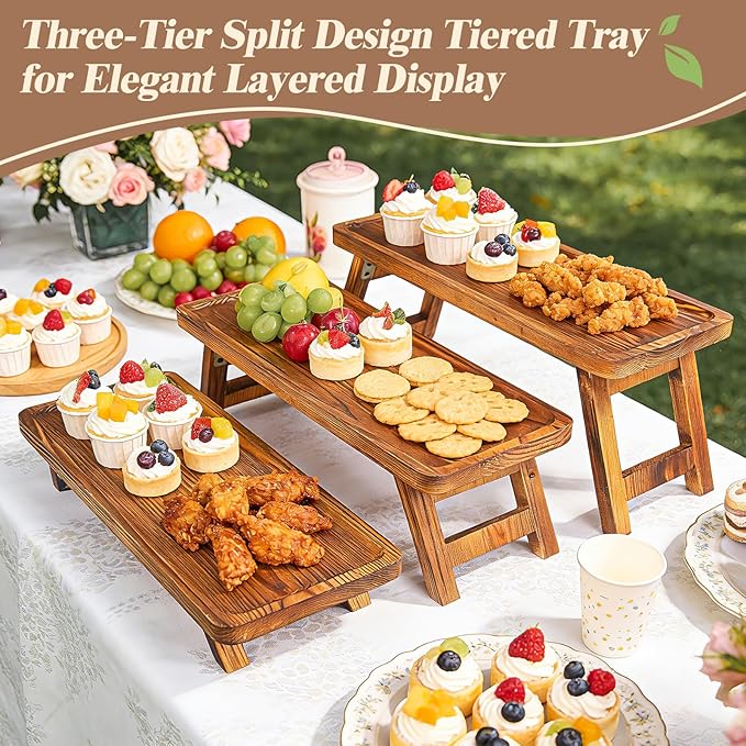 3 Tier Wooden Serving Tray Stand, Foldable Tiered Dessert Display Set for Party, Wedding, Birthday, Christmas, Rustic Charcuterie Boards Table Decor