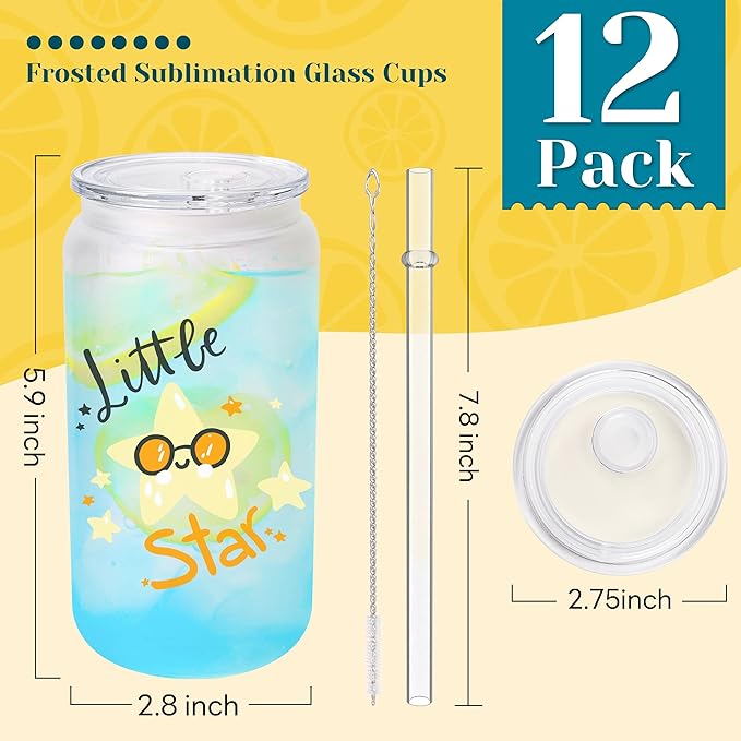 Joyclub 12 Pack Sublimation Cups 16 OZ Frosted Glass Cans Blanks with Clear Lids Mason Jars for Iced Coffee Beer Juice and Soda Drinks
