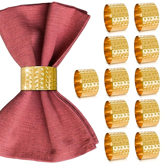 Easter Hammered Gold Napkin Rings Set of 12 - Classic & Reusable Metal Napkin Ring Holders 1.8"x1.1" for Banquets, Weddings, Family and Holiday Dinner Gatherings, Gift Giving & Easter Table Decoration