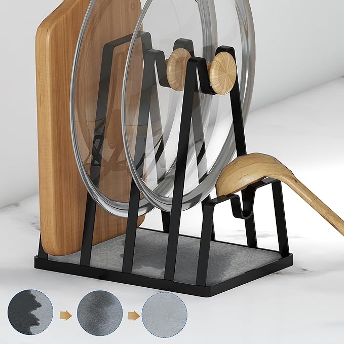 YIGII Pot Lid Cutting Board Organizer with Diatomite Stone, Black Pan Lid Organizer and Spoon Rest Rack, Multifunctional Utensil Holder for Stove top and Kitchen Counter