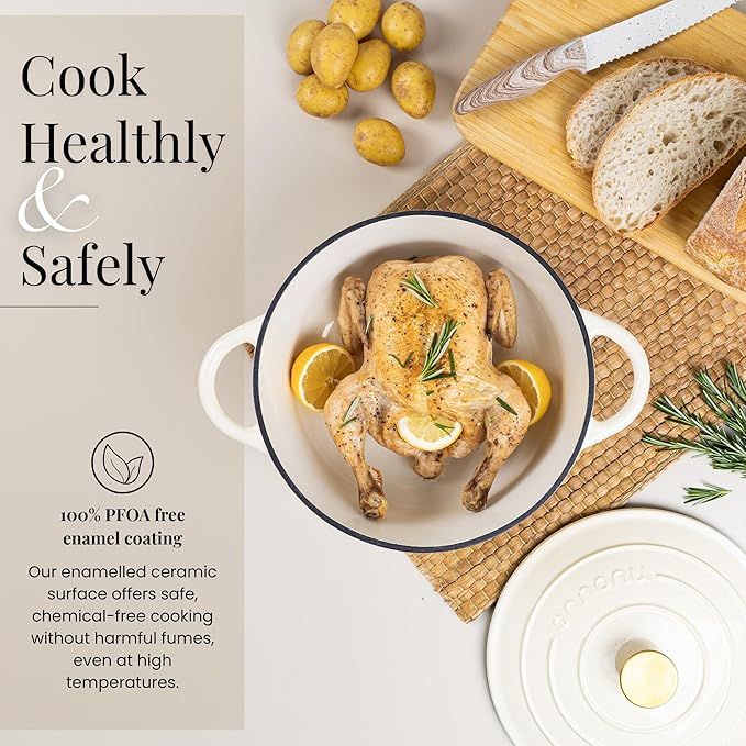 Cast Iron Pot with Lid – Non-Stick Ovenproof Enamelled Casserole Pot, Oven Safe up to 500° F – Sturdy Dutch Oven Cookware – Cream, 5-Quart, 24cm – by Nuovva