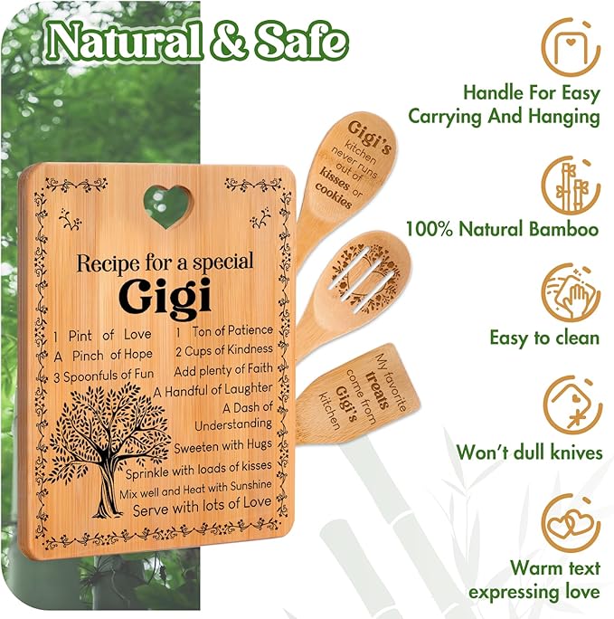 Gigi Gifts - "Recipe for a Special Gigi" Gigi Gifts for Grandma Cutting Board Set, Bamboo-Made Engraved Utensil Set Gifts for Gigi Cutting Board, Best Gigi Ever Gifts.