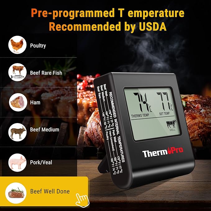ThermoPro TP16H Large LCD Digital Meat Thermometer for Cooking, Smoking, Grilling, BBQ Food Thermometer with Clock Timer and Stainless Steel Probe, Black