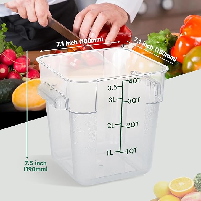FSUON 4 Pack Clear Food Storage Containers with Lids and Handles Polycarbonate Square Commercial Food Containers, NSF (4Qt)