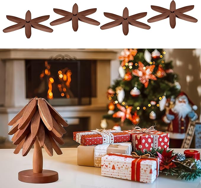 Foldable Kitchen Wooden Trivet Wooden Trivets for Hot Dishes, Tree Shape Trivet Set, 4 Walnut Wood 1 Stand stored Like a Christmas Tree,for Hot Pot Holder, Teapot, Bowl, Hot Dishes (Walnut Wood)