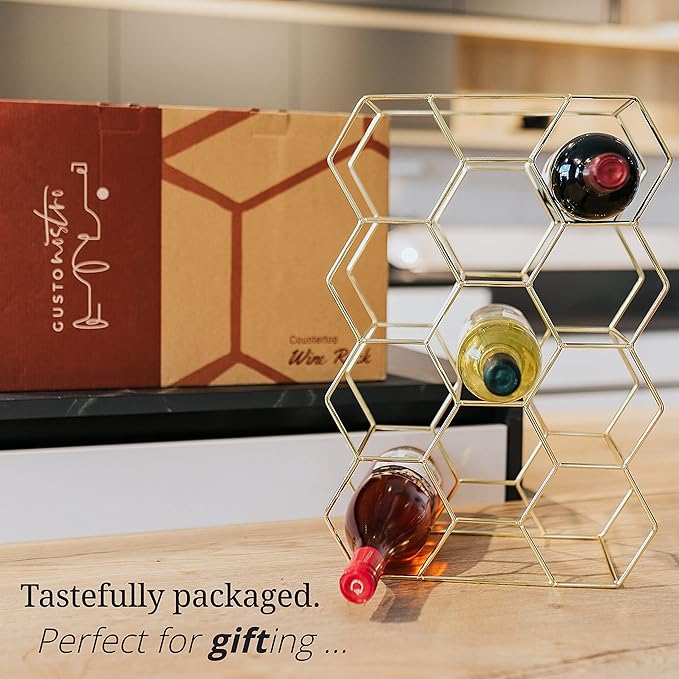 Gusto Nostro Countertop Wine Rack - 14 Bottle Freestanding Modern Gold Metal Small Wine Rack - 3 Tier Tabletop Wine Holder Stand for Cabinet, Pantry, Wine Bottle Storage - No Assembly Required