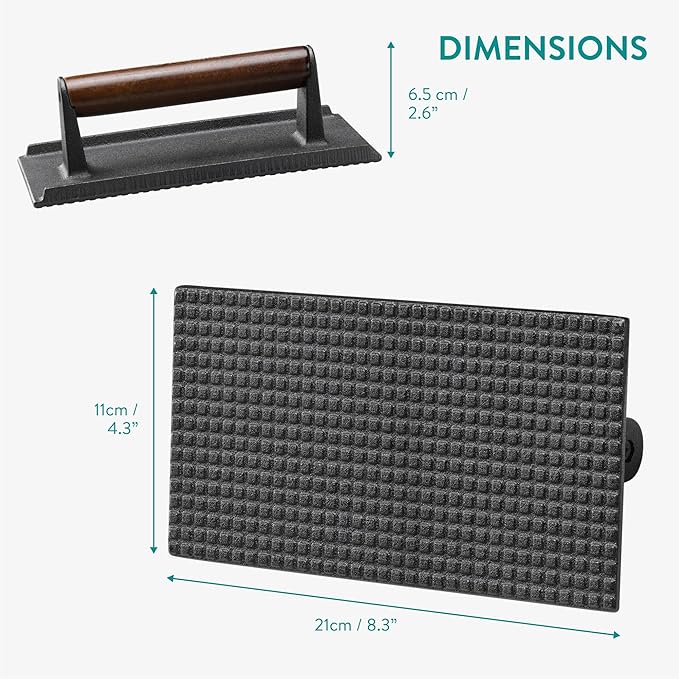 Navaris Smash Burger Press - Rectangular Cast Iron Hamburger Press - Burgers Presser for Even Grilling and Sear Marks - 21 x 11 x 6.5 cm (8.3 x 4.3 x 2.6 in)