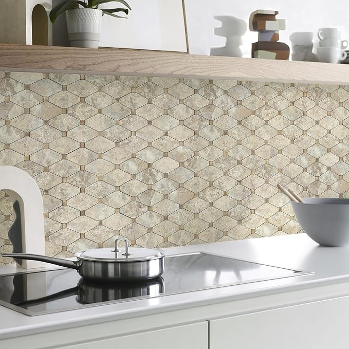 STICKGOO 10 Sheets Peel and Stick Backsplash, Tan Stone Mixed Metal Gold Backsplash Tile Peel and Stick, Stick on Backsplash for Kitchen, Fireplace, Bathroom, RV