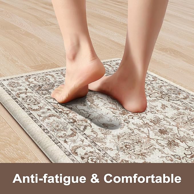 KIMODE Anti Fatigue Kitchen Rugs Sets of 2, Ergonomic Standing Cushioned Kitchen Floor Mats, Boho Kitchen Runner Stain Resistant, Non Slip Laundry Sink Rug Waterproof, 17.3"x59"+17.3"x29", Khaki