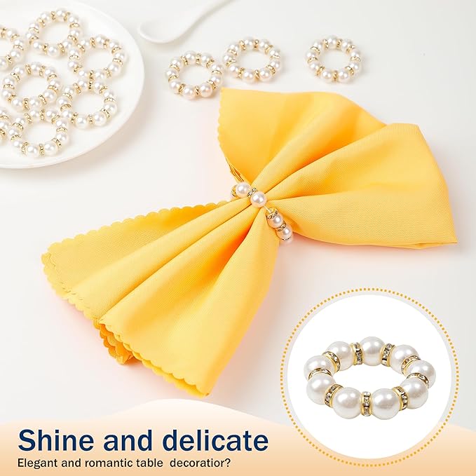 Gold Napkin Rings 20Pcs, Imitation Pearl Napkin Rings Napkin Holder, Elegant Rhinestone Gold Beaded Serviette Buckles for Weddings, Party Supplies & Fancy Table Decor (White and Gold, 20Pcs)