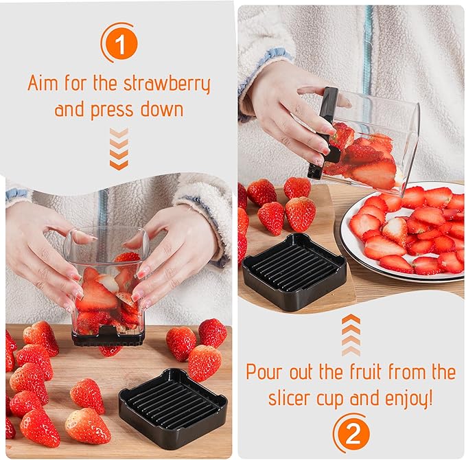 2 Pack Fruit Slicer Cup for Strawberry, Banana, Hard-Boiled Egg - Detachable Cutter with Push Plate - Rapid & Safe Slicing Kitchen Gadget for Quick Meal Prep (Black)