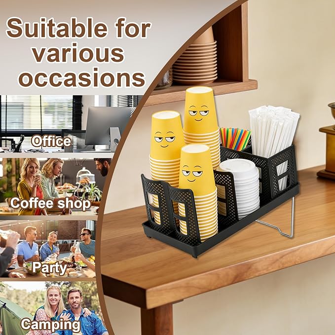 Coffee Cup Holder Organizer, Paper Cup and Lid Dispenser with Straw Storage Basket for Countertop Coffee Station Bar Cafe Restaurant Breakroom Kitchen Office Home Party (Black)