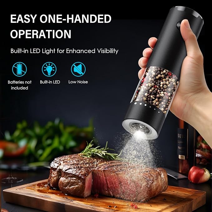 Electric Salt and Pepper Grinder Set, Automatic Salt and Pepper shakers with Upgraded 6-Level External Adjustable Coarseness, Battery Operated, Larger Capacity with Led for Home Kitchen (Black/Black)