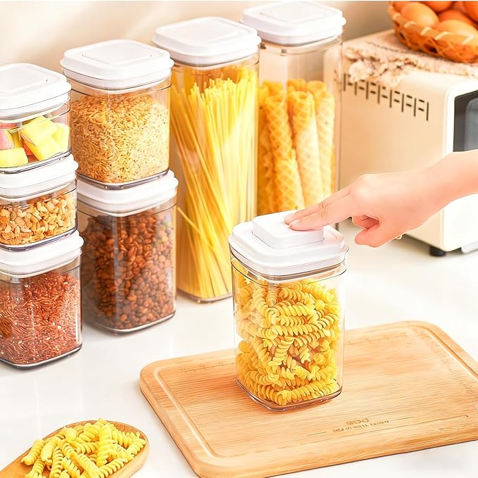 Pop Airtight Food Storage Container Set, 4 Pcs Cereal Storage Organizer Canisters with Pop Lids, BPA-Free, Vacuum Seal & One-button Opening, Stackable Pantry Containers for Dry Food Storage