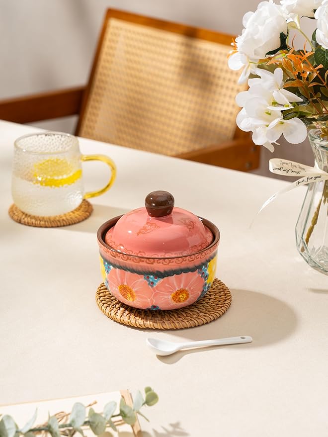 silesia Handmade Sugar Bowl with Lid and Spoon, 10 Ounce Ceramic Hand-Painted Sugar Jar for Kitchen in Gift Box, Kitchen Decor, Oven, Dishwasher & Microwave Safe, Glazed Pink