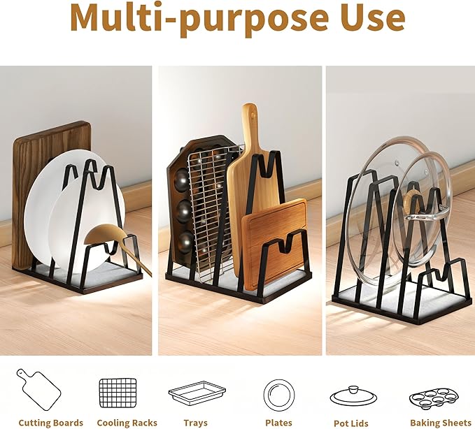YIGII Pot Lid Cutting Board Organizer with Diatomite Stone, Black Pan Lid Organizer and Spoon Rest Rack, Multifunctional Utensil Holder for Stove top and Kitchen Counter