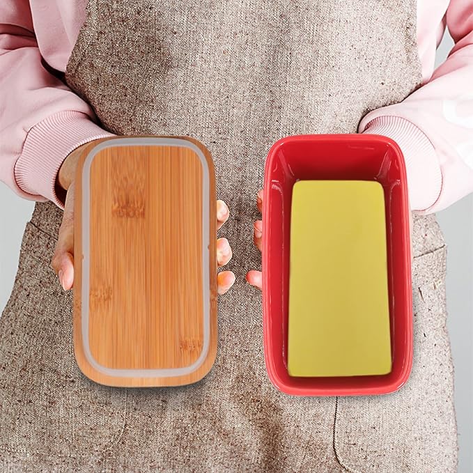 Ceramic Butter Dish with Wooden Lid, Large Butters Container Keeper Storage with Stainless Steel Knife Spreader, Bamboo Cover and Silicone Sealing Ring for West East Coast, Red