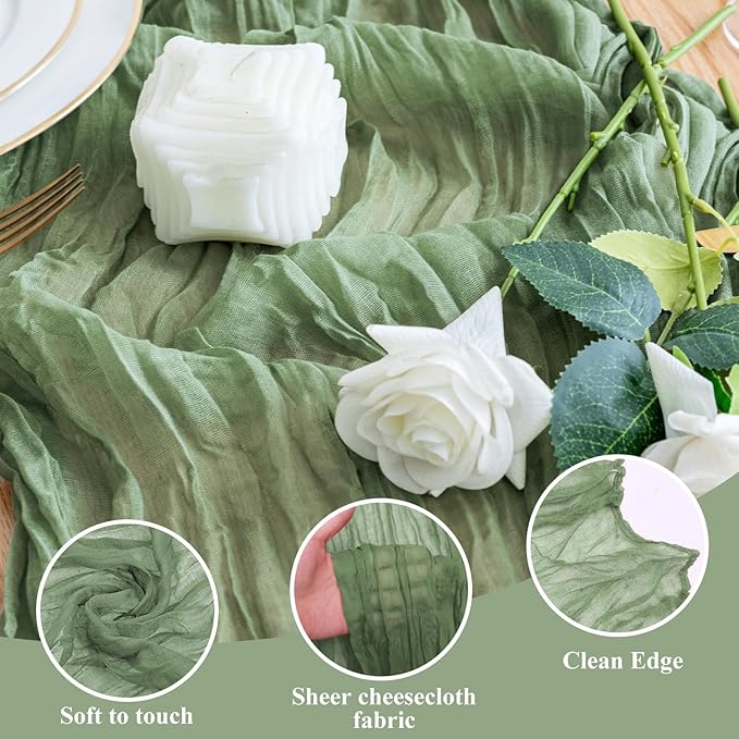 Wokceer Cheesecloth Table Runner Sage Green 10FT Boho Gauze Cheese Cloth Table Runner Easter for Party Long Rustic Sheer Runners for Baby Bridal Shower Wedding