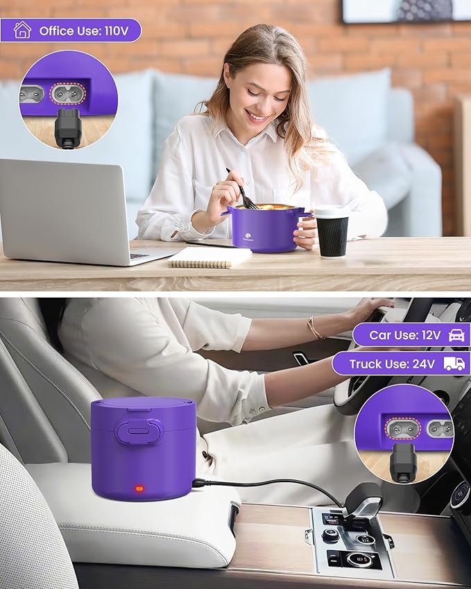 Electric Lunch Box, Portable Food Warmer for Car Truck and Office, Portable Heater 110V & 12V 24V 50W Stainless Steel Food Heater, with Spoon Fork Carry Bag (Youthful Purple)