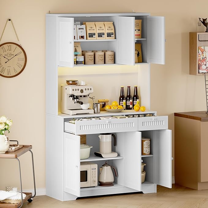 Pantry Cabinet with Charging Station and Light, Tall Kitchen Pantry Storage Cabinet with Microwave Stand, Wide Fluted Kitchen Hutch with Storage Drawers and Adjustable Shelves for Dining Room