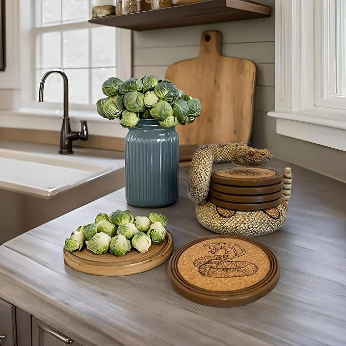 Pine Ridge Snake Coaster Set - Snake Drink Coasters, Unique Bar Decor and Accessories, Home Decorations for Dining Room or Home Bar - Modern Coaster Set with Holder for Man Cave